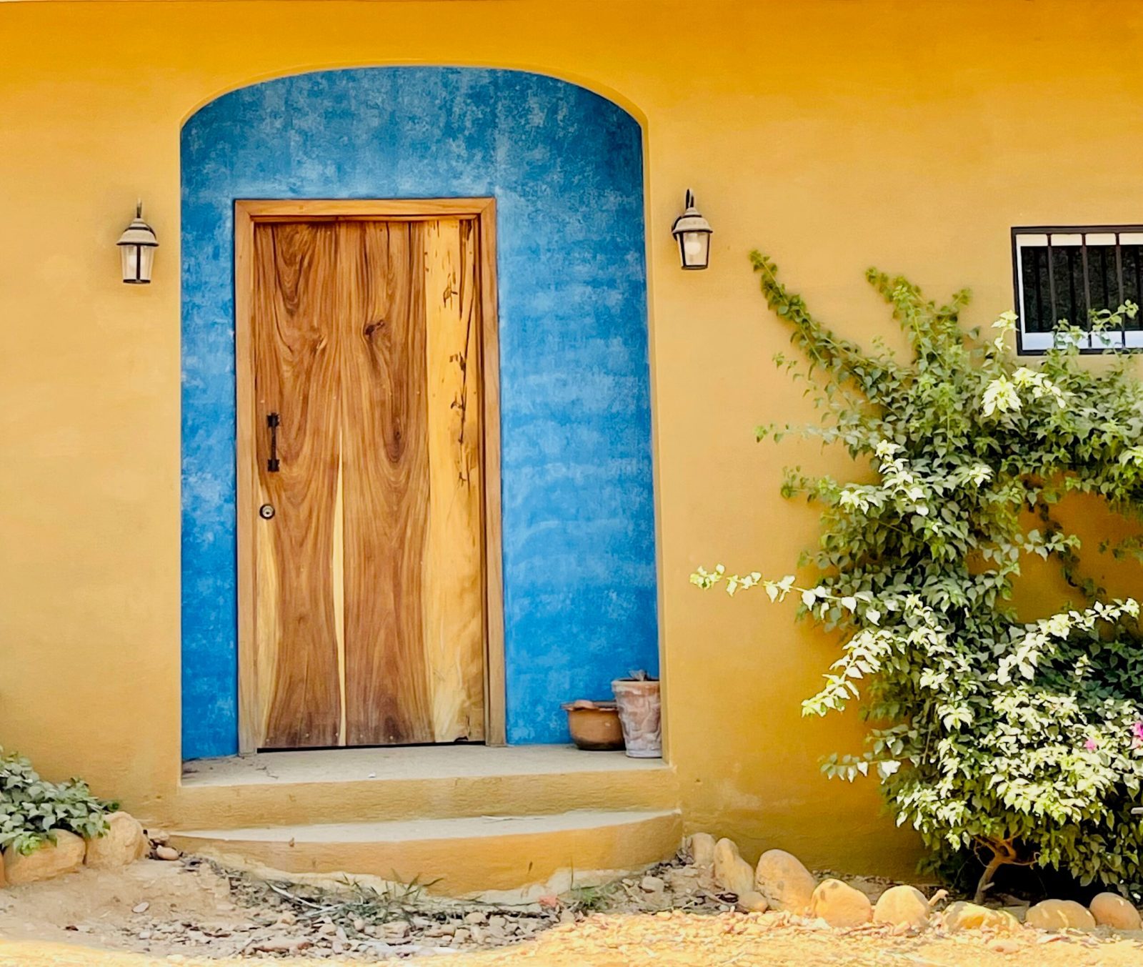 Puerta de madera en un arco azul, entrada de Bonobo